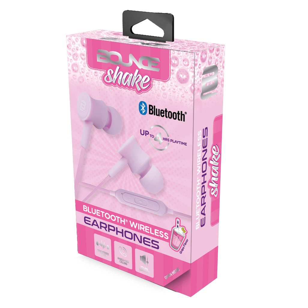 Bounce Shake Series Bluetooth earphones packaging in vibrant grape color, featuring wireless design and long playtime.