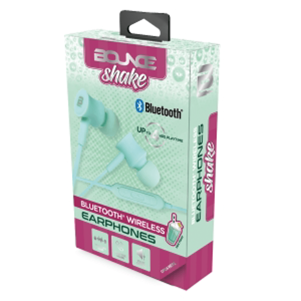 Bounce Shake Series Bluetooth earphones in mint, perfect for music lovers seeking stylish, wireless audio performance.