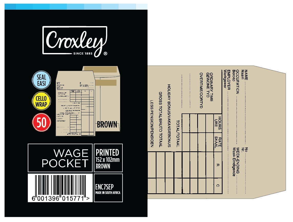 CROXLEY JD7SEPC  Wage Pocket Printed No.7 152x102 Cello 50's Box of 10