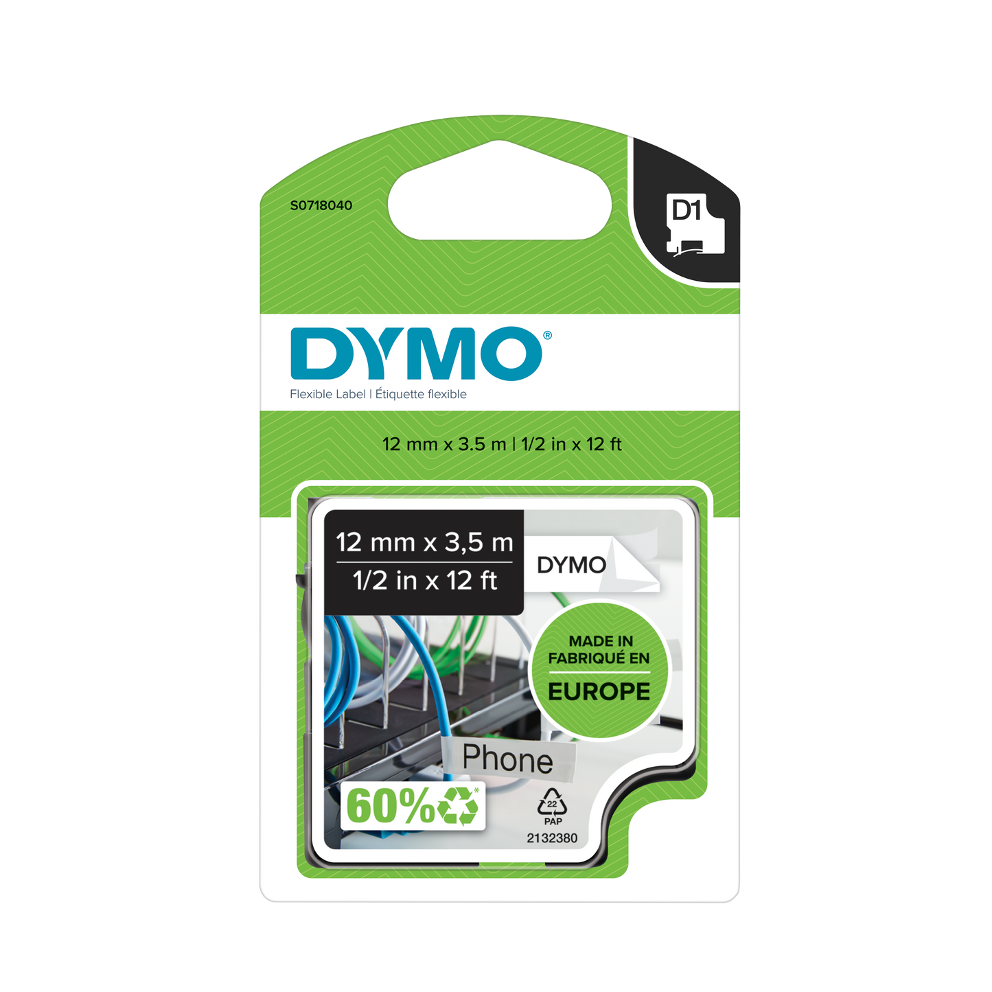DYMO D1 Labelling Tape - Flexible Nylon - Black on White - 12mmx3.5m