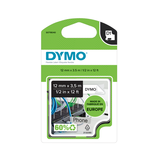 DYMO D1 Labelling Tape - Flexible Nylon - Black on White - 12mmx3.5m