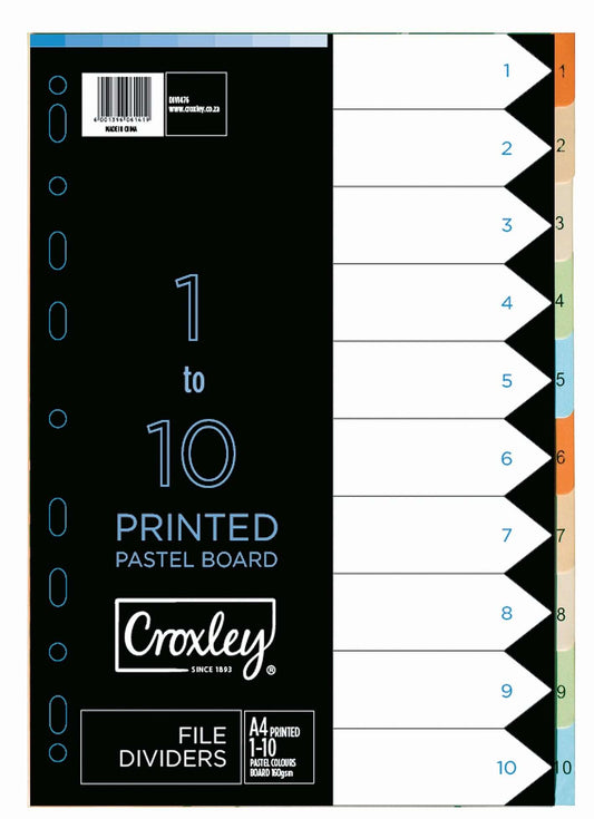 Croxley 160GSM Pastel 1-10 10 Division Set (DIV1476) - each
