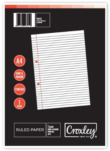 CROXLEY JD73 A4 Ruled Paper Feint & Margin Punched Single Sheet 1Ream