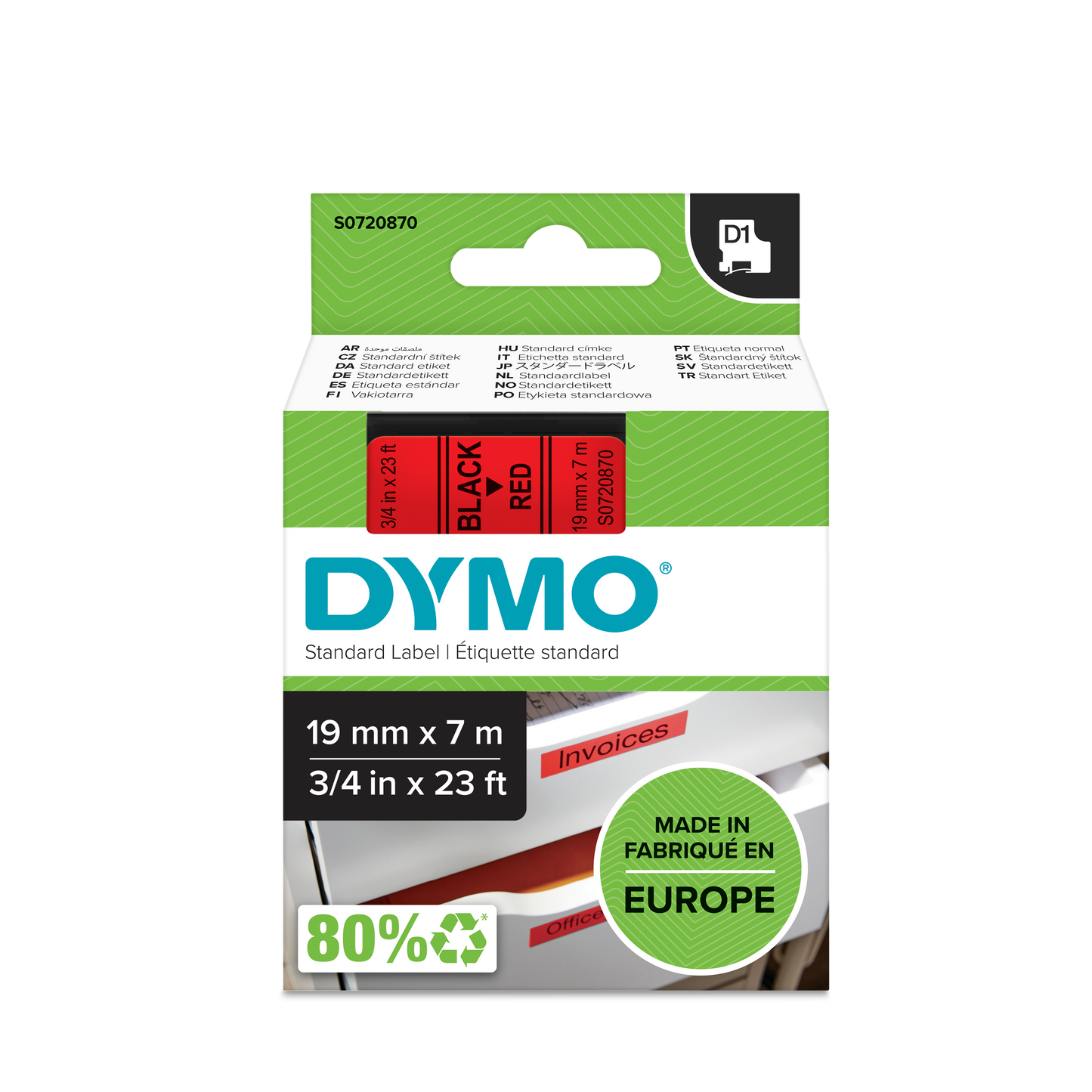 DYMO D1 Labelling Tape -  Removable Polyester - Black on Red - 19mmx7m
