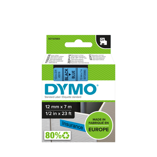 DYMO D1 Labelling Tape -  Removable Polyester - Black on Blue - 12mmx7m
