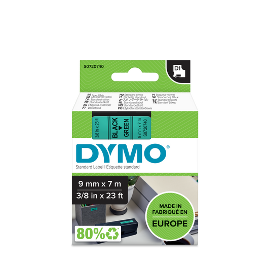 DYMO D1 Labelling Tape -  Removable Polyester - Black on Green - 9mmx7m