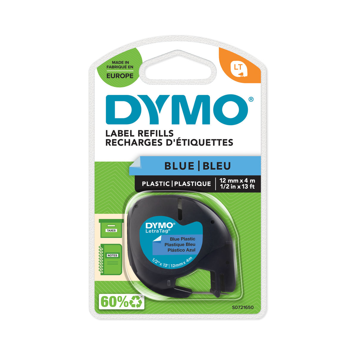 DYMO LetraTag Tape -  Plastic - Black on Blue - 12mmx4m