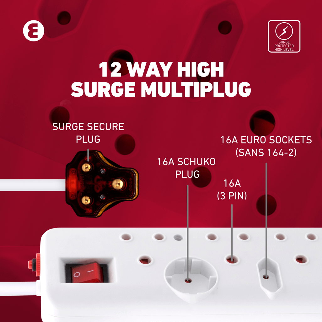 Ellies 12 Way High Surge Multiplug showcasing surge secure and Schuko plugs, with multiple Euro sockets for versatile use.