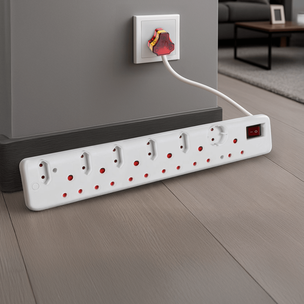 Ellies 12 Way High Surge Multiplug 0.5M plugged into wall socket, showcasing multiple AC outlets.