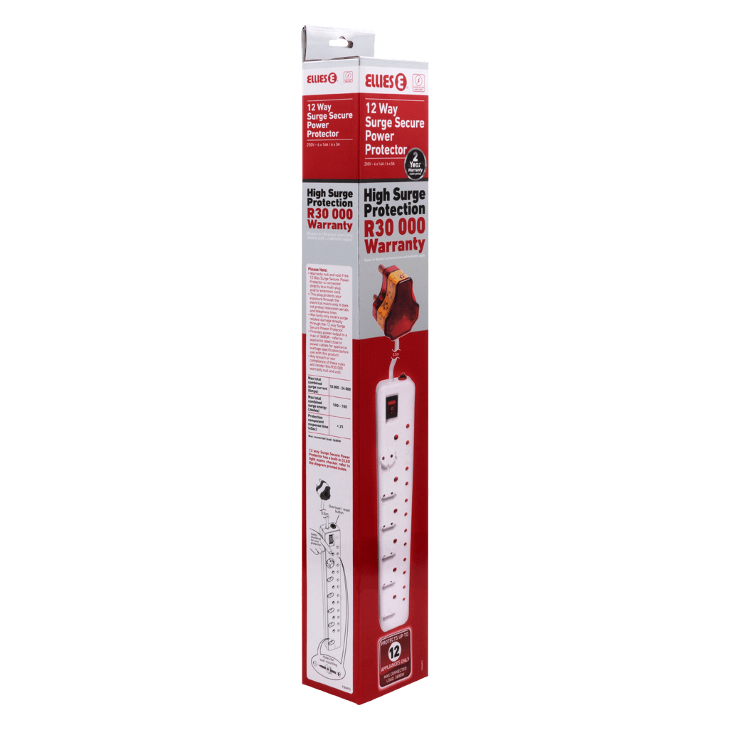 Ellies 12 Way High Surge Multiplug 0.5M, featuring high surge protection and R30,000 warranty, ideal for safe power distribution.
