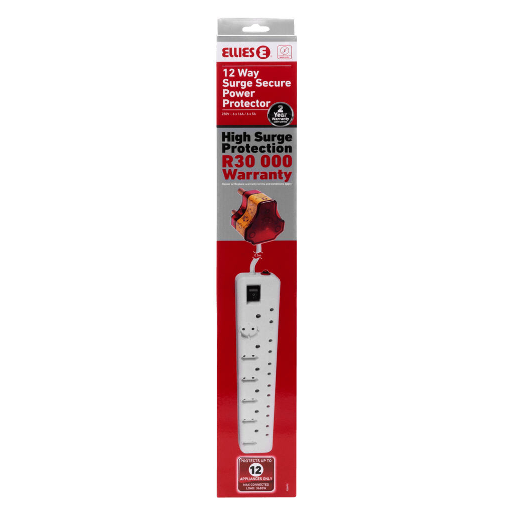 Ellies 12 Way High Surge Multiplug 0.5M with secure power protection and R30,000 warranty for safe device charging.