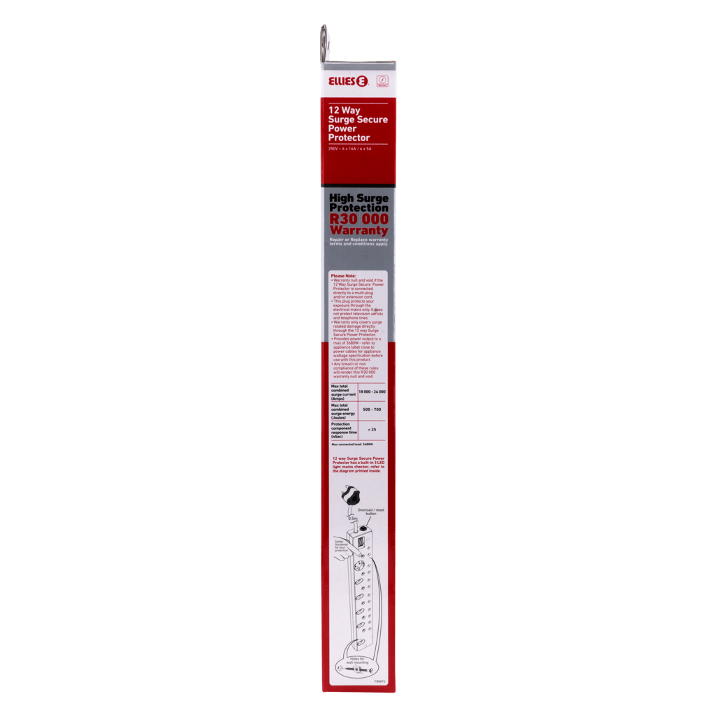 Ellies 12 Way High Surge Multiplug 0.5M with secure protection and 30,000 warranty details.