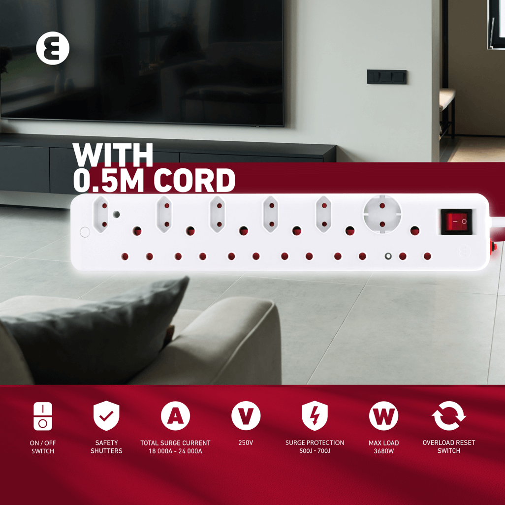 Ellies 12 Way High Surge Multiplug with 0.5M cord, 250V, surge protection, and overload reset switch, suitable for multiple devices.