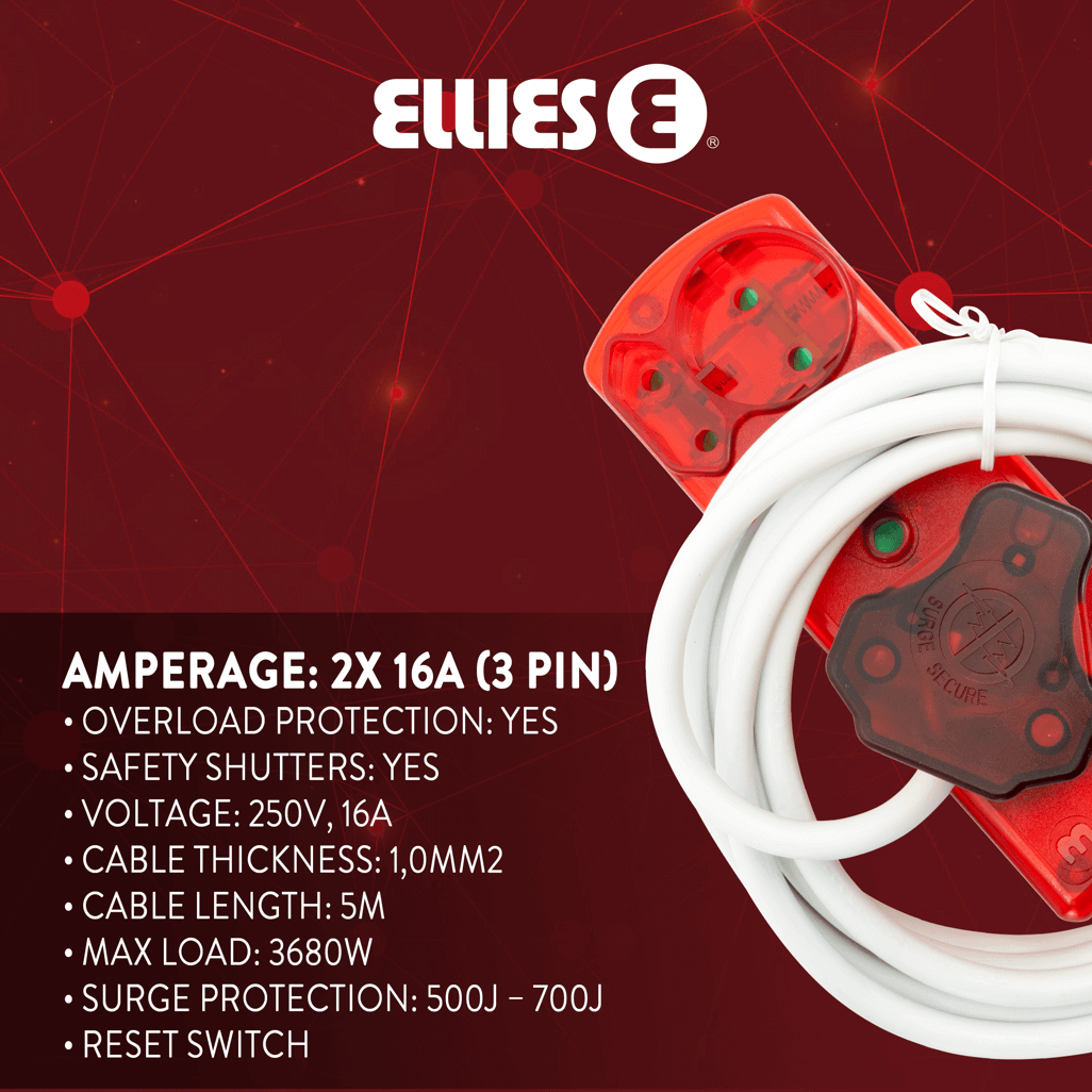 Ellies 4 Way High Surge Extension Lead - 3M with surge protection, overload protection, and safety shutters.