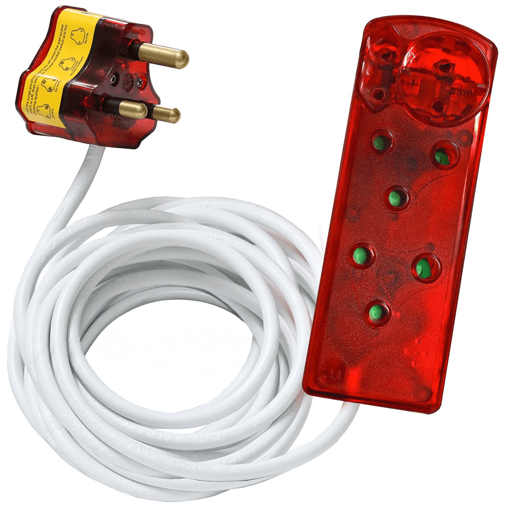 Ellies 4 Way High Surge Extension Lead - 3M with a red surge protector and white cable for versatile power connectivity.