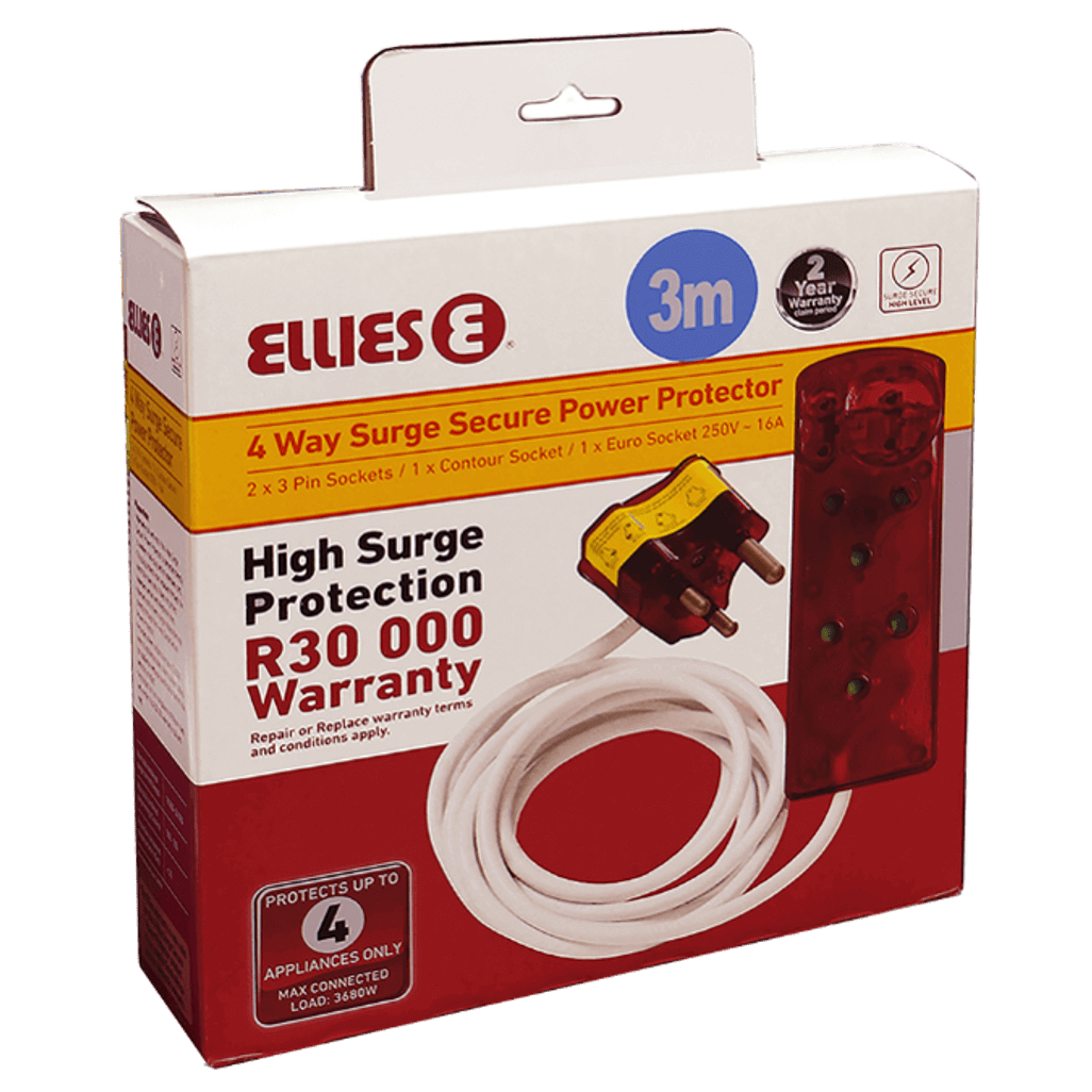 Ellies 4 Way High Surge Extension Lead 3M with 4 sockets and R30,000 warranty for safe power protection.