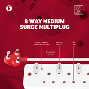 Ellies 8 Way Medium Surge Multiplug with 0.5M cord, 8 outlets, and wall mounting holes for convenience.