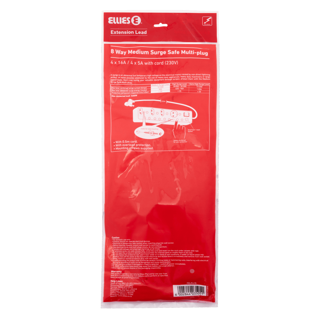 Ellies 8 Way Medium Surge Multiplug 0.5M packaging, featuring safety instructions and product details.