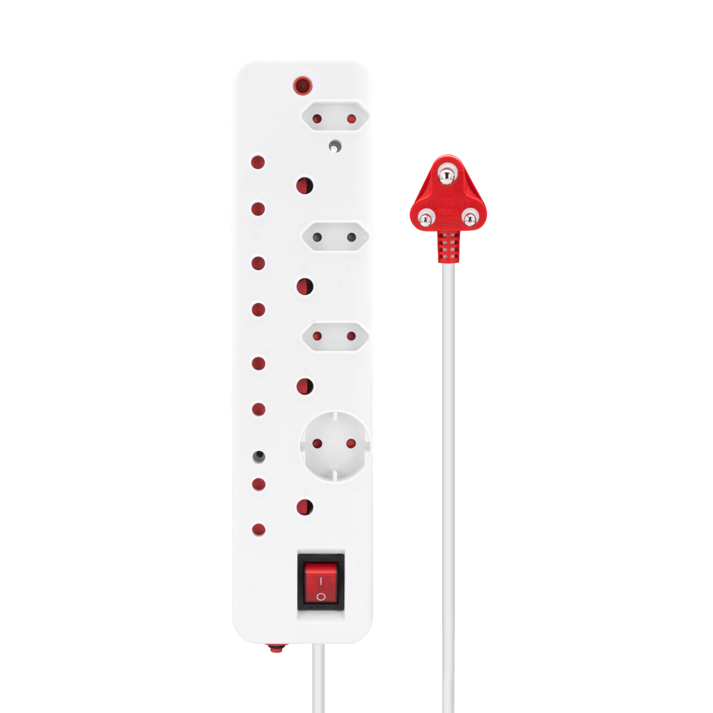 Ellies 8 Way Medium Surge Multiplug 0.5M with multiple outlets and a red switch for surge protection.