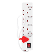 Ellies 8 Way Medium Surge Multiplug with 0.5M cord, featuring multiple sockets and safety switch in white and red design.