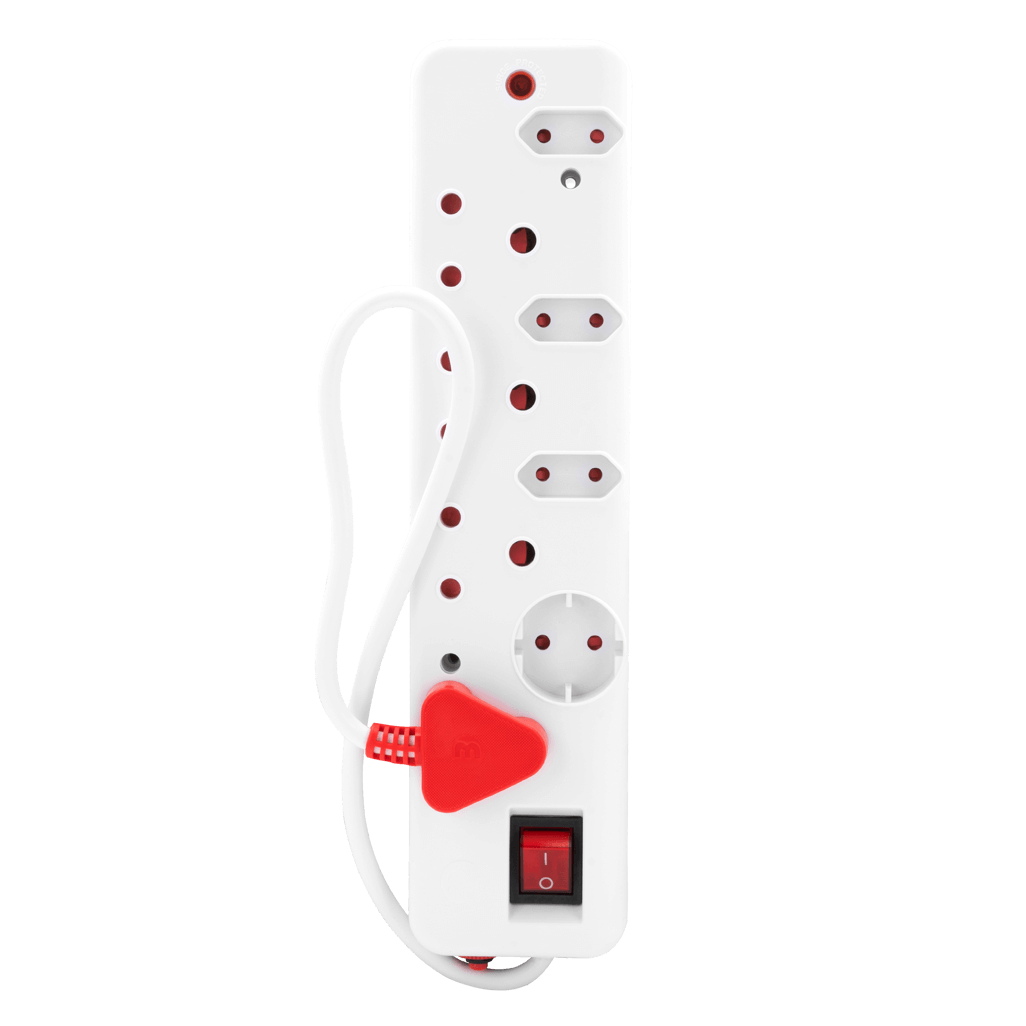 Ellies 8 Way Medium Surge Multiplug with 0.5M cord, featuring multiple sockets and safety switch in white and red design.