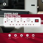 Ellies 8 Way Medium Surge Multiplug 0.5M for overload protection, featuring safety shutters and total surge current of 16.600A.