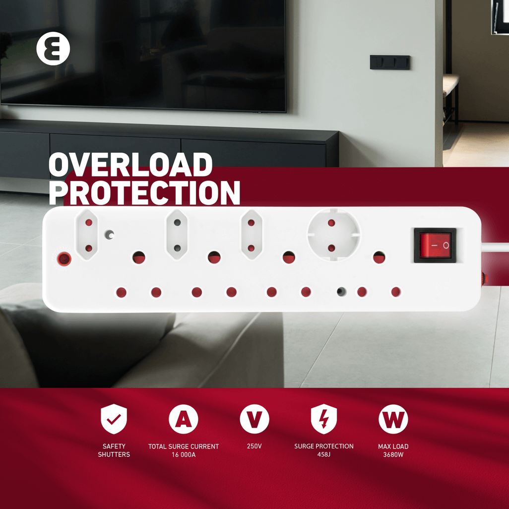 Ellies 8 Way Medium Surge Multiplug 0.5M for overload protection, featuring safety shutters and total surge current of 16.600A.