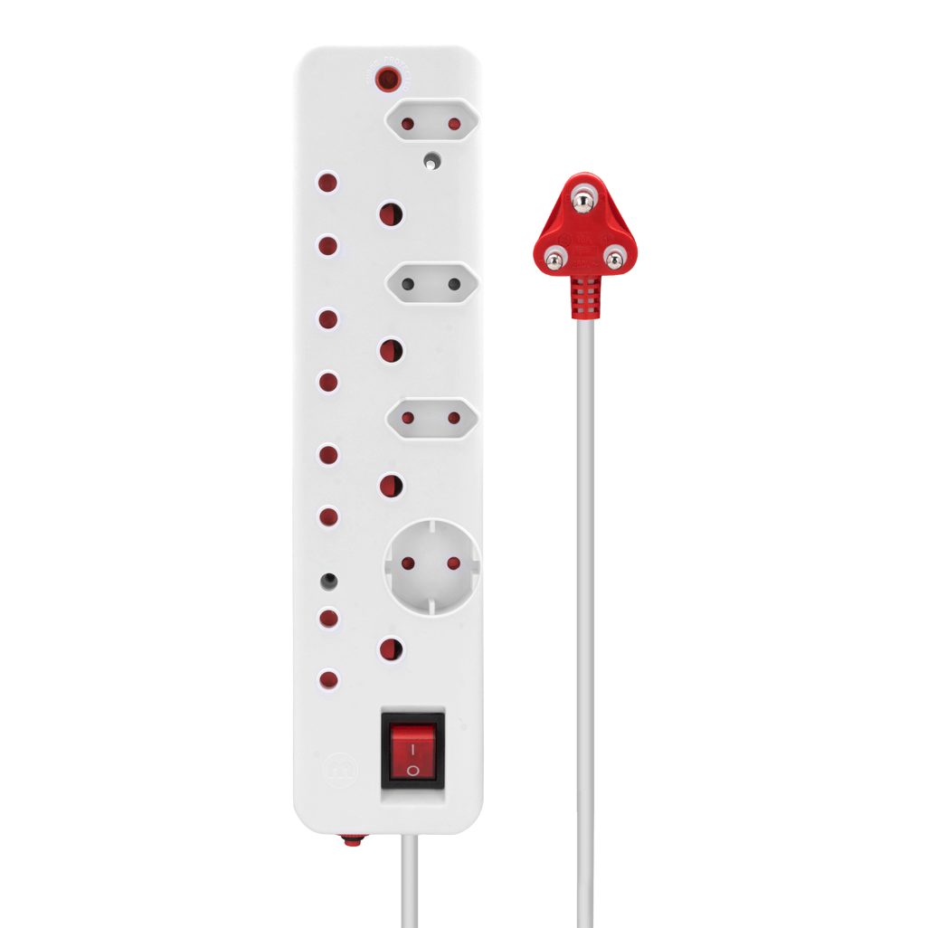 Ellies 8 Way Medium Surge Multiplug with 0.5M cable, featuring multiple sockets and a red switch for optimal power management.