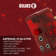 Ellies High Surge Adaptor with 1x 5A (Euro), 1x 16A (3 Pin) for surge protection, safety shutters, and built-in mains checker.