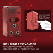 Ellies High Surge Adaptor, featuring 1x 5A Euro socket and 1x 16A 3 Pin socket for surge protection.