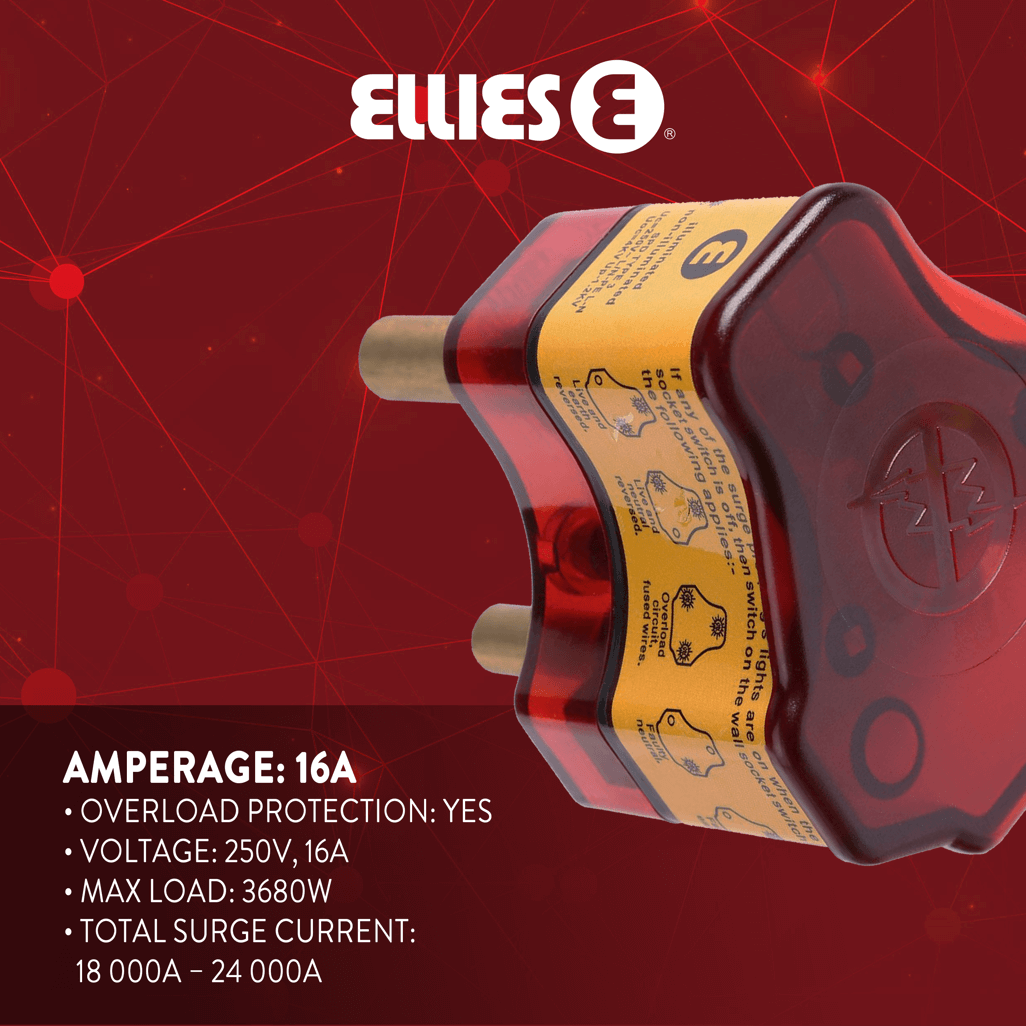 Ellies re-wireable high surge plug top with overload protection, 250V, 16A, max load 3680W, total surge current 18K-24K.