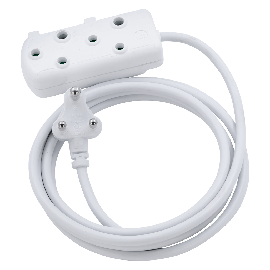 Ellies Side by Side Light Duty Extension Lead-5M with multiple sockets and a white cord