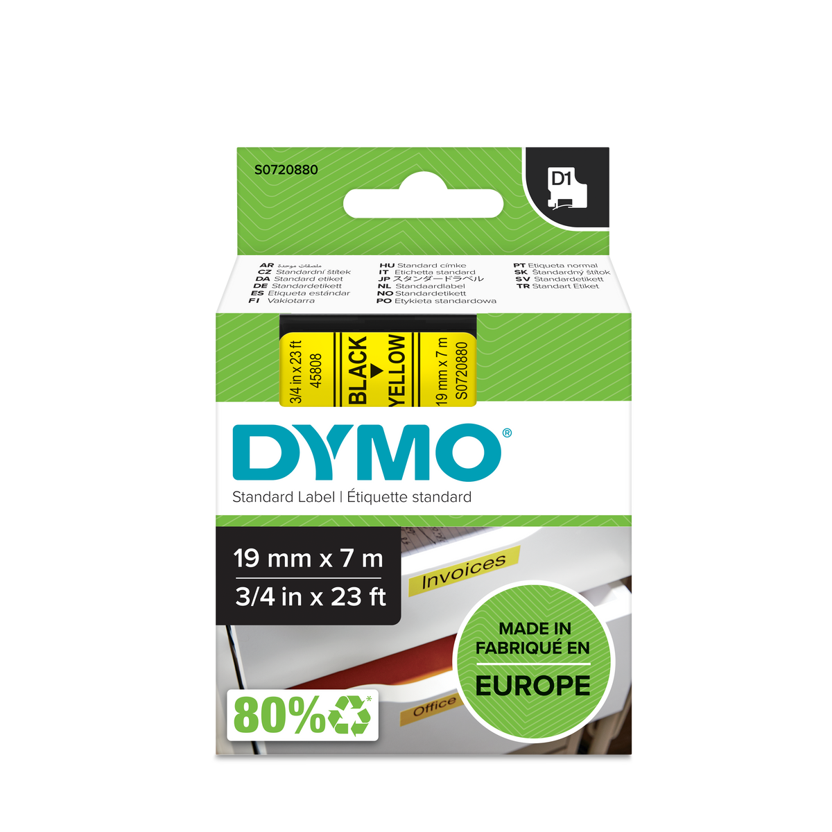 DYMO D1 Labelling Tape -  Removable Polyester - Black on Yellow - 19mmx7m