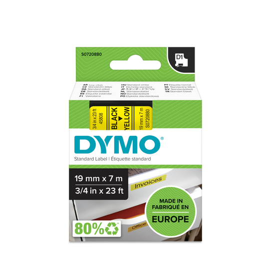 DYMO D1 Labelling Tape -  Removable Polyester - Black on Yellow - 19mmx7m
