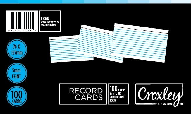 CROXLEY JD637 Record Cards 76x127 Cello 100's per Packet in Box of 10 Packets