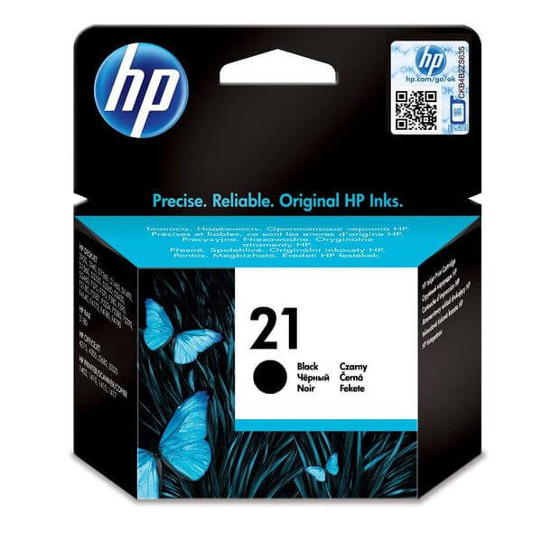 HP 21 Black Original Ink Cartridge packaging, precise and reliable, yields approximately 190 pages.