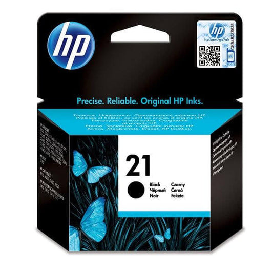 HP 21 Black Original Ink Cartridge packaging, precise and reliable, yields approximately 190 pages.