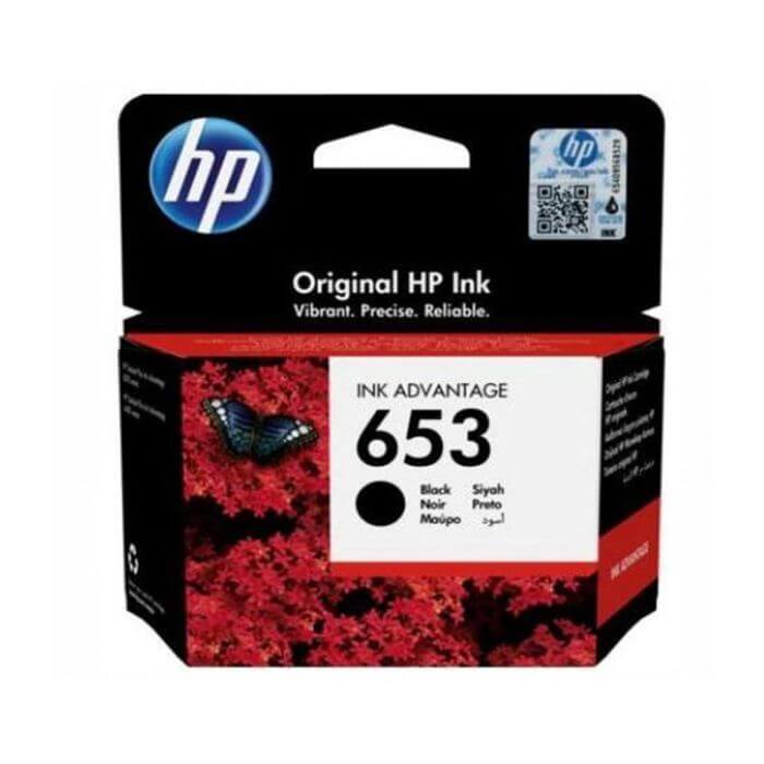 HP 653 Black Ink Advantage Cartridge packaging, offers vibrant and reliable printing, supports up to 360 pages.
