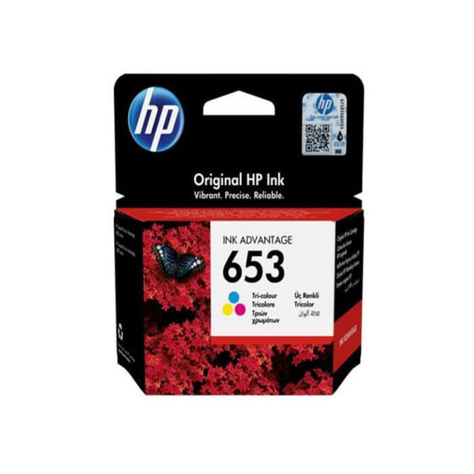 HP 653 tri-color original ink cartridge packaging, suitable for printing up to 200 pages.