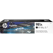 HP 981A Black Original PageWide Cartridge packaging, approximately 6,000 pages yield for high-quality printing.