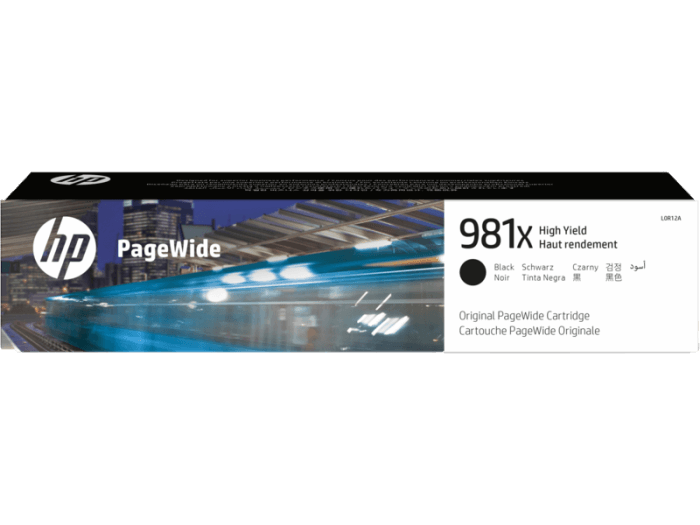 HP 981X High Yield Black Original PageWide Cartridge packaging, prints up to 11,000 pages.