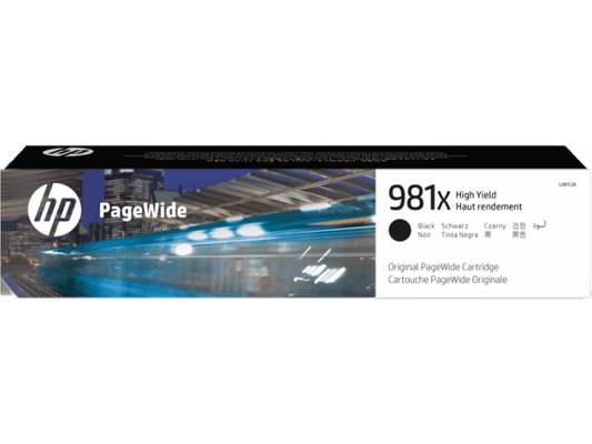 HP 981X High Yield Black Original PageWide Cartridge packaging, prints up to 11,000 pages.
