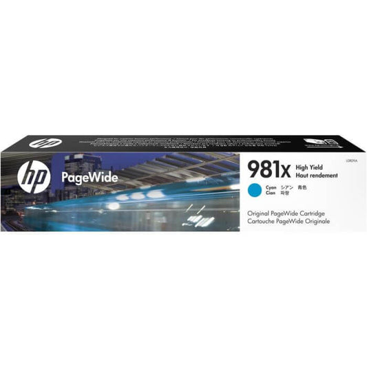 HP 981X High Yield Cyan Original PageWide Cartridge package with branding, 10,000 pages yield.