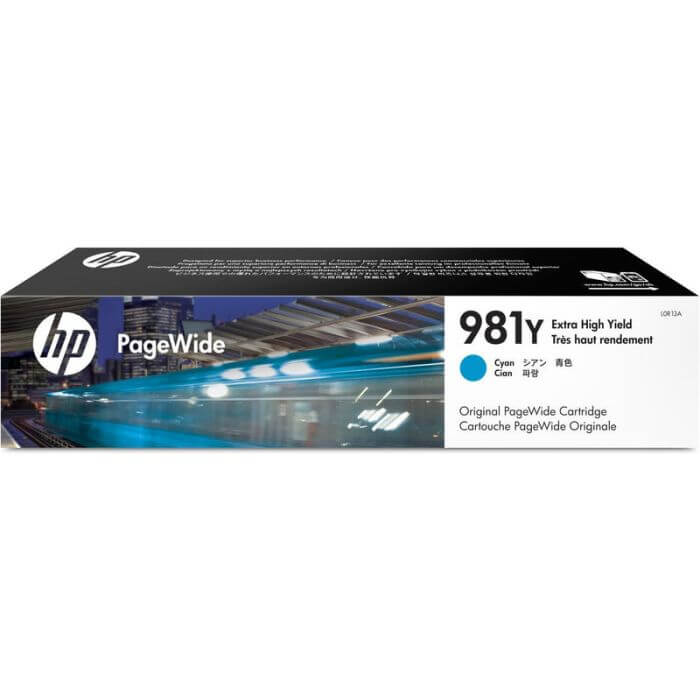 HP 981Y Extra High Yield Cyan Original PageWide Cartridge packaging, yielding ~16 000 pages for high-quality printing.