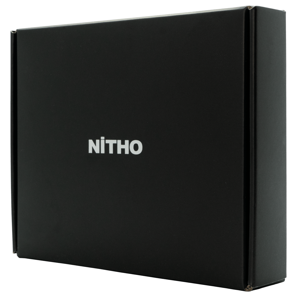Sleek black Nitho packaging showcasing premium quality gaming earbuds for an immersive audio experience.