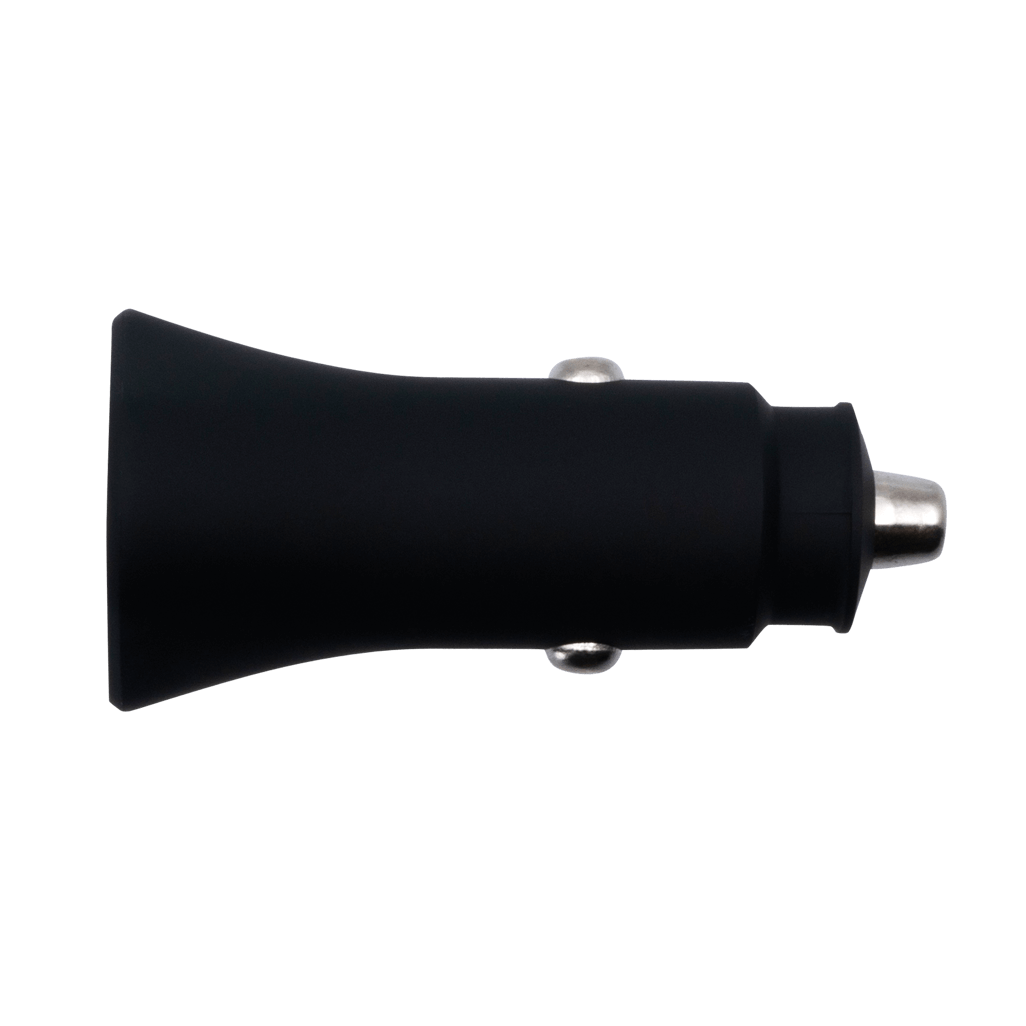 Rugged by Volkano Dual USB Car Charger with QC3.0 and PD, sleek black design for fast charging on the go.