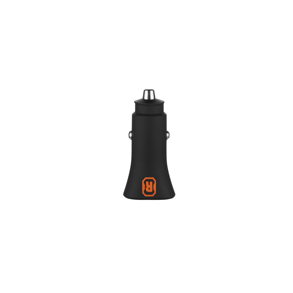 Rugged by Volkano Dual USB Car Charger with QC3.0 and PD, compact black design for fast charging on the go.
