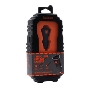 Rugged by Volkano dual USB fast car charger with QC3.0 and PD in packaging, designed for efficient charging on the go.