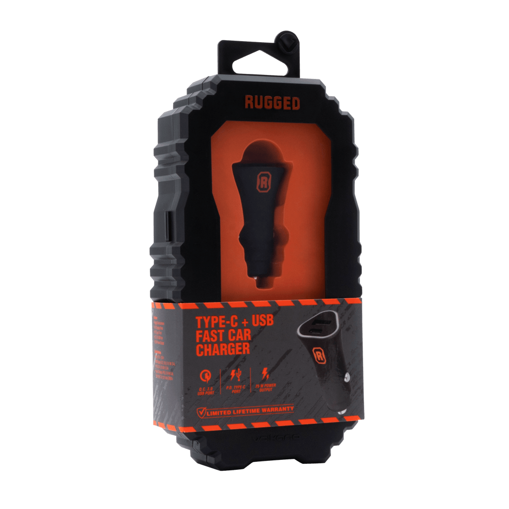Rugged by Volkano dual USB fast car charger with QC3.0 and PD in packaging, designed for efficient charging on the go.
