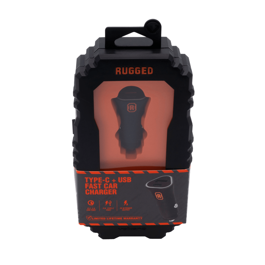 Rugged by Volkano dual USB car charger with QC3.0 and PD features in packaging, perfect for fast charging in vehicles.